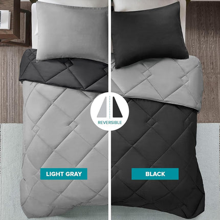 Comfort Spaces Vixie Comforter Set-Modern Geometric Quaterfoil Cloud Quilted Design All Season Down Alternative Bedding, Matching Shams, Twin/Twin XL(66"x90"), Microfiler Reversible Black/Grey
