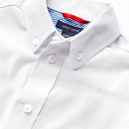 Tommy Hilfiger Boys Oxford Long Sleeve Dress Shirt, Collared Button-Down with Chest Pocket, Regular Fit, White, 16