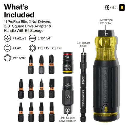 Klein Tools 32516HD KNECT 16-in-1 Impact-Rated Hybrid Screwdriver/Nut Driver, Magnetic, Flip Socket, 11 Bits, 2 Nut Drivers, 3/8-Inch Square Adapter