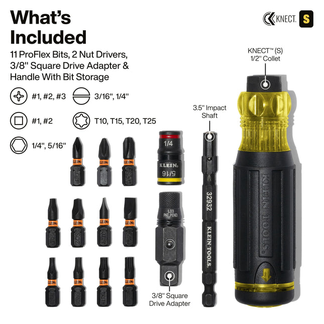 Klein Tools 32516HD KNECT 16-in-1 Impact-Rated Hybrid Screwdriver/Nut Driver, Magnetic, Flip Socket, 11 Bits, 2 Nut Drivers, 3/8-Inch Square Adapter