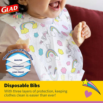 Glad for Kids Unicorn Paper Disposable Bibs with Crumb Catcher for Feeding - Absorbent and Leakproof Eating and Travel Must Haves for Mess-Free Meals, 30 Count