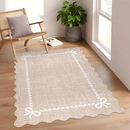 GarveeHome Scalloped Bow Rug 3x5 Washable Camel Rug for Bedroom Living Room