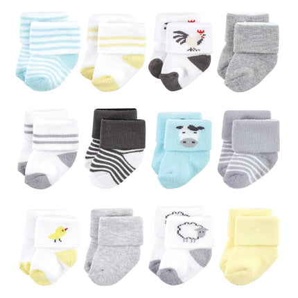 Hudson Baby Baby Girls' Cotton Rich Newborn and Terry Socks, Farm 12-pack, 0-6 Months