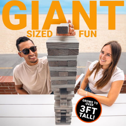 GoSports Large Wooden Toppling Tower - Stacks Up to 3 ft - Gray Wood Stain