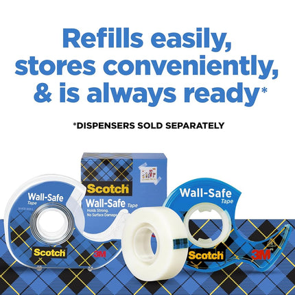Scotch Wall-Safe Tape, 2 Refill Rolls, Clear Removable Wall Tape with Matte Finish for Hanging Photos, Art, and Décor, 3/4 in x 1,296 in