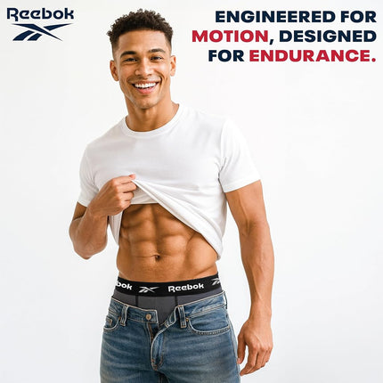 Reebok Men's Boxer Briefs - 4 Pack 6'' Inseam Stretch Performance Underwear Quick Dry Moisture Wicking Boxers, All Black, Small