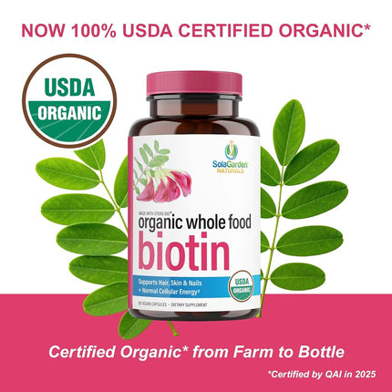 USDA Organic Whole Food Biotin Supplement, Made with Plant-Based Biotin from Sesbania Agati Trees, by SolaGarden Naturals, 60 Non-GMO Vegan Capsules, Supports Hair, Skin, and Nails, Made in USA