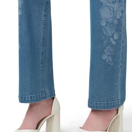 HUE Women's Ultra Soft High Waist Denim Baby Bootcut Leggings, Floral Medium Wash, Large