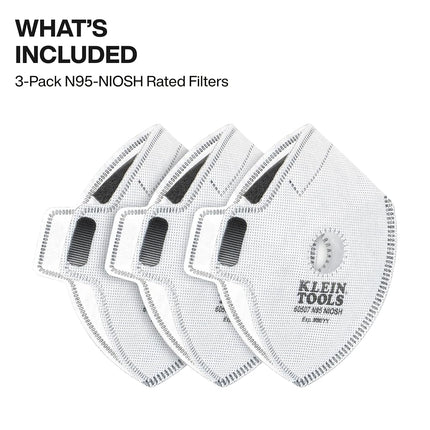 Klein Tools 60507 N95 Replacement Filters, 3-Pack, NIOSH Approved, Masks for Sanding, Hook and Loop Attachment, Anti-Fogging N95 Filters