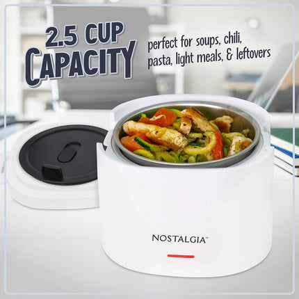 Lunch Box Chauffante Électrique Portable Nostalgia 20 oz – Taille Voyage 2,5 Tasses pour Soupe, Chili et Restes – Couvercle Hermétique en Silicone Anti-Fuite, Poignée de Transport Pliable, Cordon Amovible – Blanc
