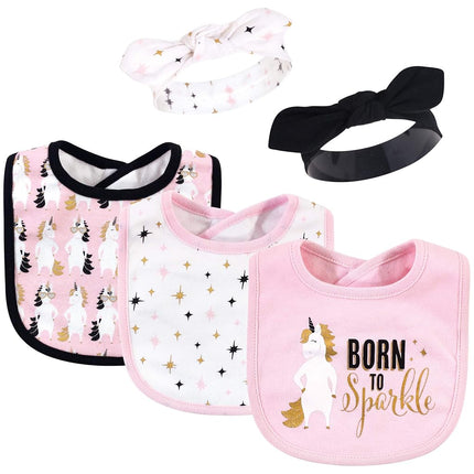 Hudson Baby Unisex Baby Cotton Bib and Headband or Caps Set, Sparkle Unicorn, One Size
