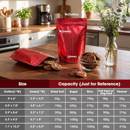 120pcs 7.1"x10.2" Mylar Bags for Food Storage,Smell Proof Bag Resealable Food Storage Bags for Small Business, Treat Snack Stand-up Foil Pouch Packaging Freeze Dried Candy Bag（Red）