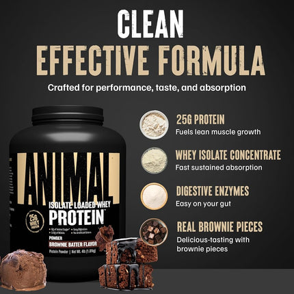 Universal Nutrition Animal Whey Isolate Loaded Whey Protein Powder Supplement, Brownie Batter, 4 Pound