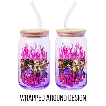 Silver Buffalo Bratz Group Shot Flames Ombre 16oz Glass Tumbler w Bamboo Lid and Glass Straw