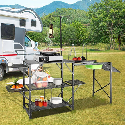 VEVOR Camping Kitchen Table, One-Piece Folding Portable Cook Station with A Carrying Bag, Long Aluminum Camping Table 3 Side Tables, 2 Shelves & A Detachable Sink for Outdoor Picnics, BBQs, Camping