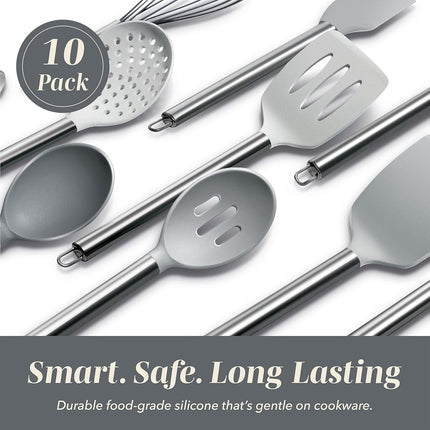 COOK WITH COLOR Silicone Cooking Utensils, 10 Pc Kitchen Utensil Set, Easy to Clean, Nonstick Cookware Safe, Kitchen Gadgets Set (Grey)