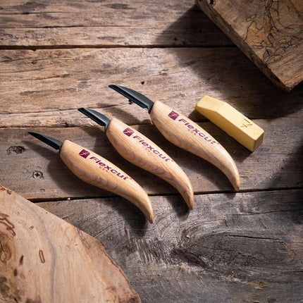 Flexcut Starter 3 Wood Carving Knife Set KN500, 1095 High Carbon Steel Blades and Ergonomic Ash Wood Handles for Beginners and Hobbyists