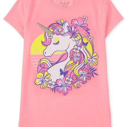 The Children's Place Girls' Unicorn Short Sleeve Graphic T-Shirts, Unicorn Sunset, Medium