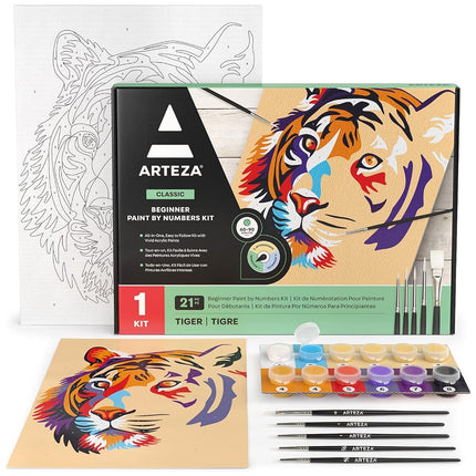 ARTEZA Paint by Numbers Kit, 12x16 Inches, 21 Pieces, Tiger Canvas Painting Kit, Canvas Panel, 12 Acrylic Paint Pots, 5 Paintbrushes, Art Supplies for a Meditative and Calming