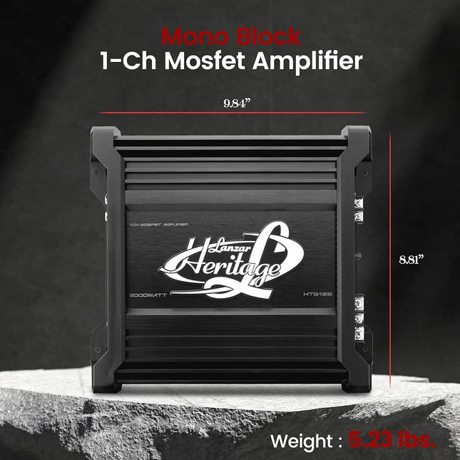 Pyle Lanzar Mono-Block Mosfet Amplifier - 2 Ohm Stable, Heritage Series Amplifier,Low Pass Filter, Chrome RCA Inputs, Power Speaker Terminals, 5 Way Protections with Bass Boost Circuitry HTG138.5