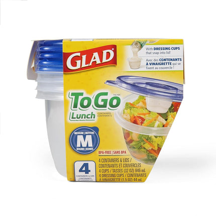 Glad GladWare To Go Lunch Food Storage Containers - Medium Round - Meal Container Holds up to 32 Ounces of Food - Lock Tight Seal, 4 Count