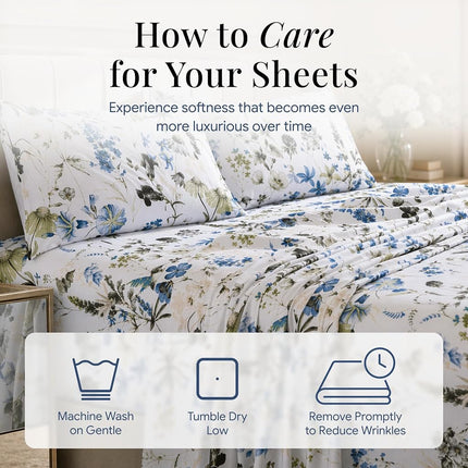 Tribeca Living Queen Bed Sheet Set, 300 Thread Count Soft Cotton Sateen, Floral Print with Extra Deep Pockets, 4-Piece Bedding Set, Amalfi Blue/Multicolor