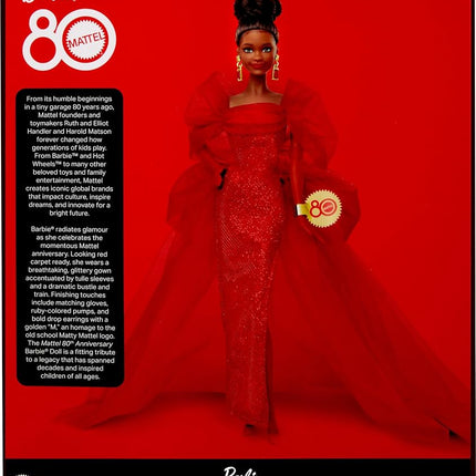 Barbie Signature Doll, Mattel 80th Anniversary Collectible in Glittery Red Tulle Gown with Drop Earrings and Sheer Gloves, Brunette, JBJ18