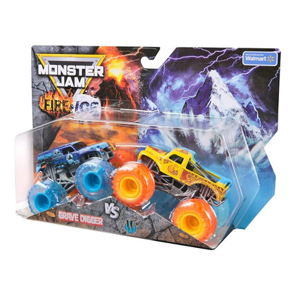 Monster Jam Fire & Ice Split Grave Digger and Split Whiplash 1:64 Scale Die-Cast Monster Trucks Vehicle 2-Pack