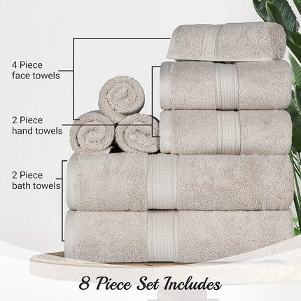 Juego de 8 toallas de algodón egipcio de pelo superior, incluye 2 de baño, 2 de mano, 4 toallas faciales/paños, toallas de lujo ultrasuaves, esenciales de felpa gruesa, para baño de visitas, spa, hotel, color Piedra
