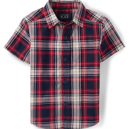 The Children's Place Baby Boys Poplin Short Sleeve Button Down Shirt, Apple Red Plaid, 9-12 Months