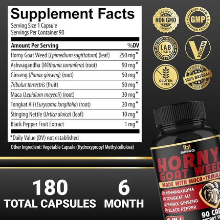 BMVINVOL 2Packs Horny Goat Weed Capsules - 180 Capsules for 6 Month Supply - Maca, Ginseng, Tribulus Terrestris, Ashwagandha