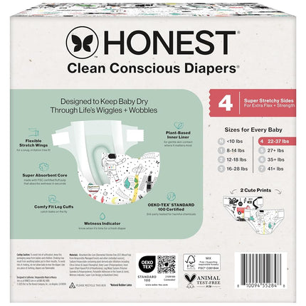 The Honest Company Clean Conscious Diapers for Delicate Skin | Up to 100% Leakproof | Hypoallergenic, Fragrance Free | Gender Neutral | Club Box, Size 4 (22-37 lbs), 54 Count (Prints May Vary)