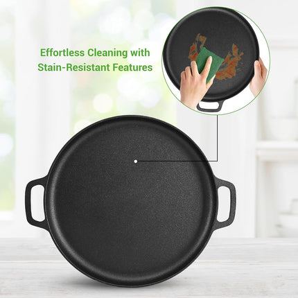 Nutrichef 13-Inch Flat Cast Iron Pizza Pan - Versatile Pre-Seasoned Round Cooking Griddle w/Built-in Handles for Oven, Grill, Stove, and Campfires - Includes 2 Heat Safe Silicone Grips