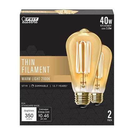 Feit Electric Pack of 2 ST19 E26 LED Light Bulb Medium Warm White 40W Equivalent