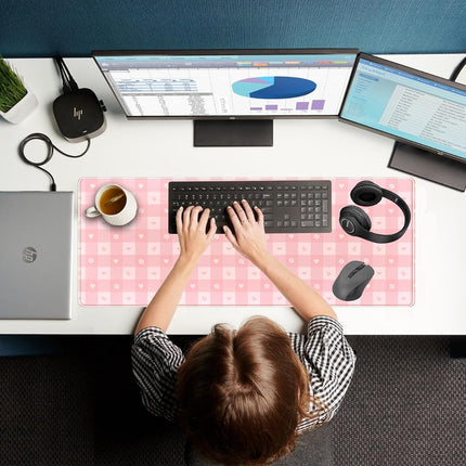 Pink Minimalist Gingham Floral Desk Mat Gaming Mouse Pad Large Cute Pastel Desk Pad Deskmat Kawaii, Women Office Desk Cover Mat, Laptop Computer Keyboard Mat Mousepad Desk Accessories 31.5"x11.8"