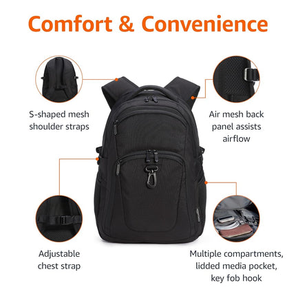Amazon Basics 15.6-Inch Laptop Backpack, Water Resistant Rucksack for Business Travel, Work or School, Padded Shoulder Straps, Black