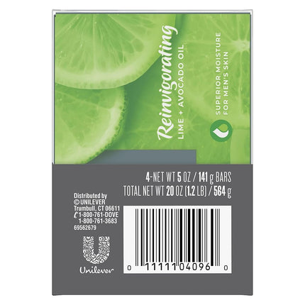 Dove Men + Care Natural Essential Oil Bar Soap to Clean and Hydrate Men's Skin Reinvigorating Lime + Avocado Oil 4-in-1 Bar Soap for Men's Body, Hair, Face and Shave 141 g 4 count