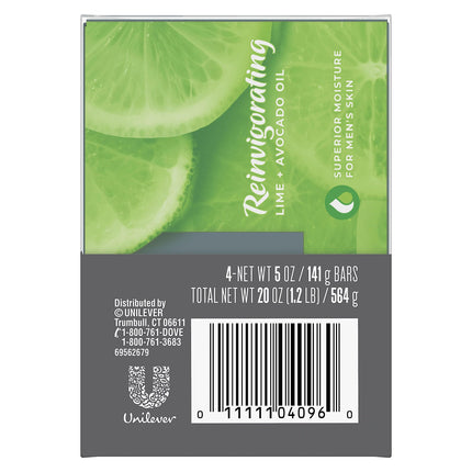 Dove Men + Care Natural Essential Oil Bar Soap to Clean and Hydrate Men's Skin Reinvigorating Lime + Avocado Oil 4-in-1 Bar Soap for Men's Body, Hair, Face and Shave 141 g 4 count