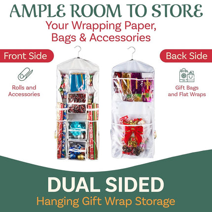 Elf Stor Double Sided | Hanging Gift Wrap and Bag Organizer | Space Saving |, White