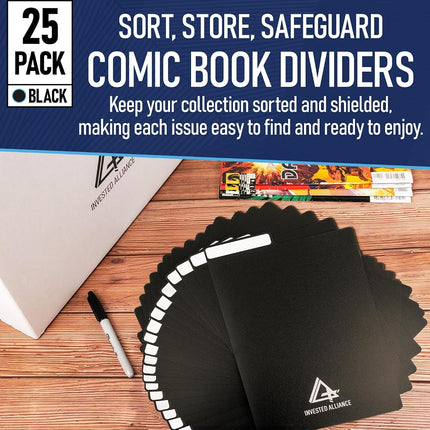 Black Comic Book Dividers (25 Pack) | 30PT Polyethylene Plastic, Bins, Cabinets, Library Dividers, Comic Book Boards for Fabric Storage, Divider with Write-On Index Folding Tab, Archival & Acid Free.