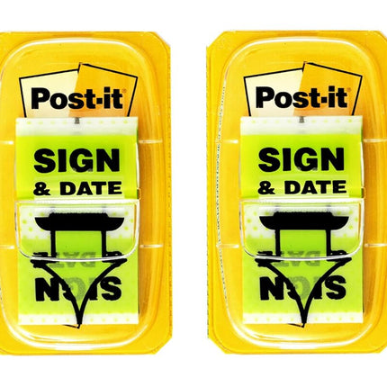 Post-it Sign and Date Flags, 50/Dispenser, 2 Dispensers/Pack, 1 in Wide, Bright Green (680-SD2)