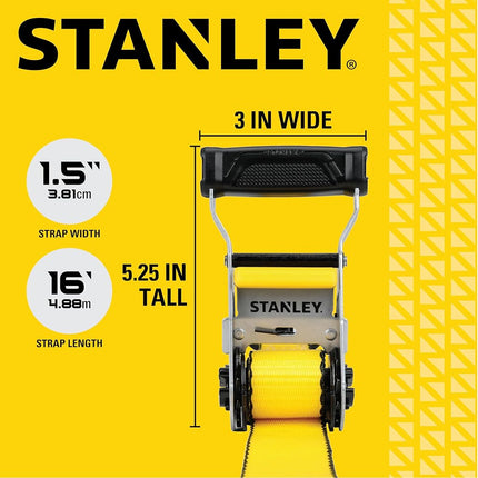 STANLEY S50002-2 Black/Yellow 1.5" x 16' Heavy-Duty Ratchet Straps (5,000 lb Break Strength), 4 Pack