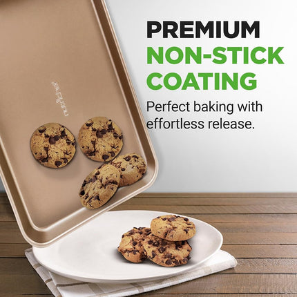 NutriChef 2-Piece Premium Nonstick Cookie Sheets for Baking - Slick Carbon Steel Baking Sheet Set w/ Raised Edges for Roasting, Baking, & More - 15" x 11" & 13" x 9" - PTFE, PFOA, PFOS Free