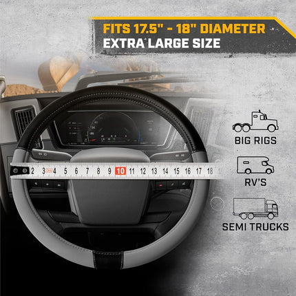 Cat® BigDrive Faux Gray/Black Leather Semi Truck Steering Wheel Cover, Fits RV and Big Rig Trucker, Steering Wheel Cover for Trucks 18 Wheeler - X-Large 17.5" - 18" Inches