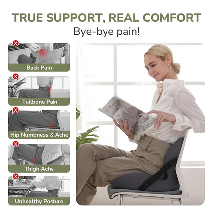 EGOHOME L-Shaped Seat Cushion for Office Chair & Car, Memory Foam Coccyx Cushion with Lumbar Support - Relieves Tailbone, Sciatica, Lower Back Pain, Adjustable Strap & Non-Slip Bottom, Grey