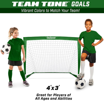 GoSports Team Tone 4 ft x 3 ft Portable Soccer Goals for Kids - Set of 2 Pop Up Nets for Backyard - Dark Green
