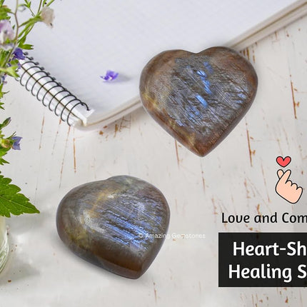 Amazing Gemstone Sun Moonstone Crystal Heart Palm Stone - Pocket Massage Worry Stone for Natural Body Chakra Balancing, Reiki Healing and Crystal Grid