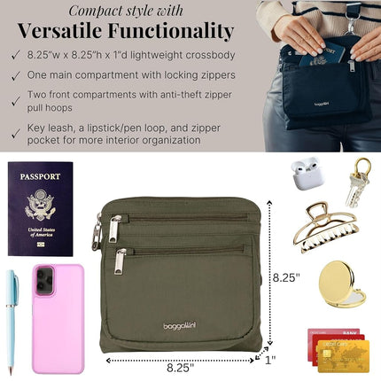 Baggallini Securtex Anti-Theft Crossbody, Thyme, One Size