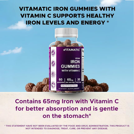 Vitamatic Iron 65 mg Gummies Supplement for Women & Men - 60 Vegan Gummies - Great Tasting Iron Gummy Vitamins with Vitamin C (1)