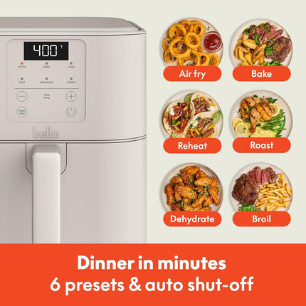 bella 6 Qt Slim Air Fryer, Fits-anywhere� Kitchenware, EverGood� Ceramic Nonstick Coating, Adjustable Temperature, 6 Preset Cooking Options, 60 Min Auto Shutoff w Audible Tone, 5lb Capacity, Oatmilk